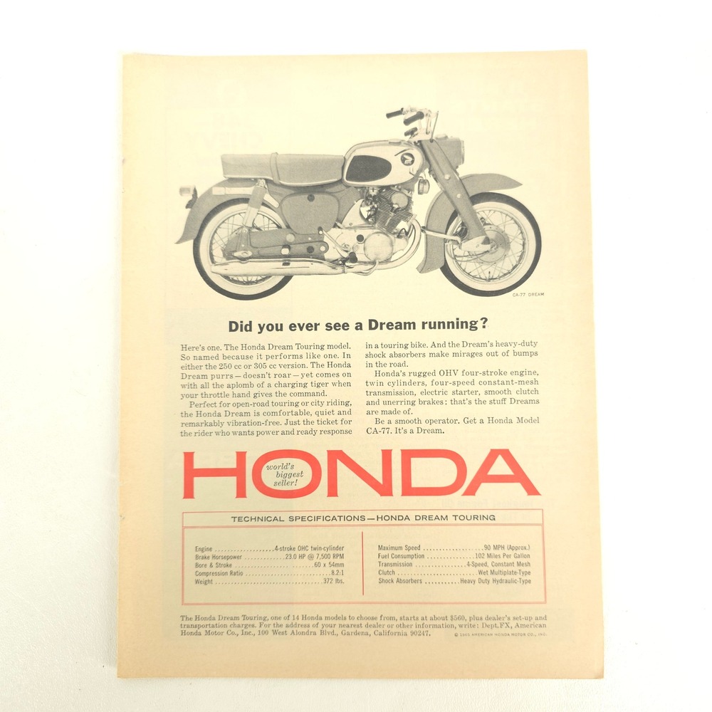 Honda Dream Touring CA-77 Print Ad 1965 Motorcycle Vintage Garage Wall Art Decor